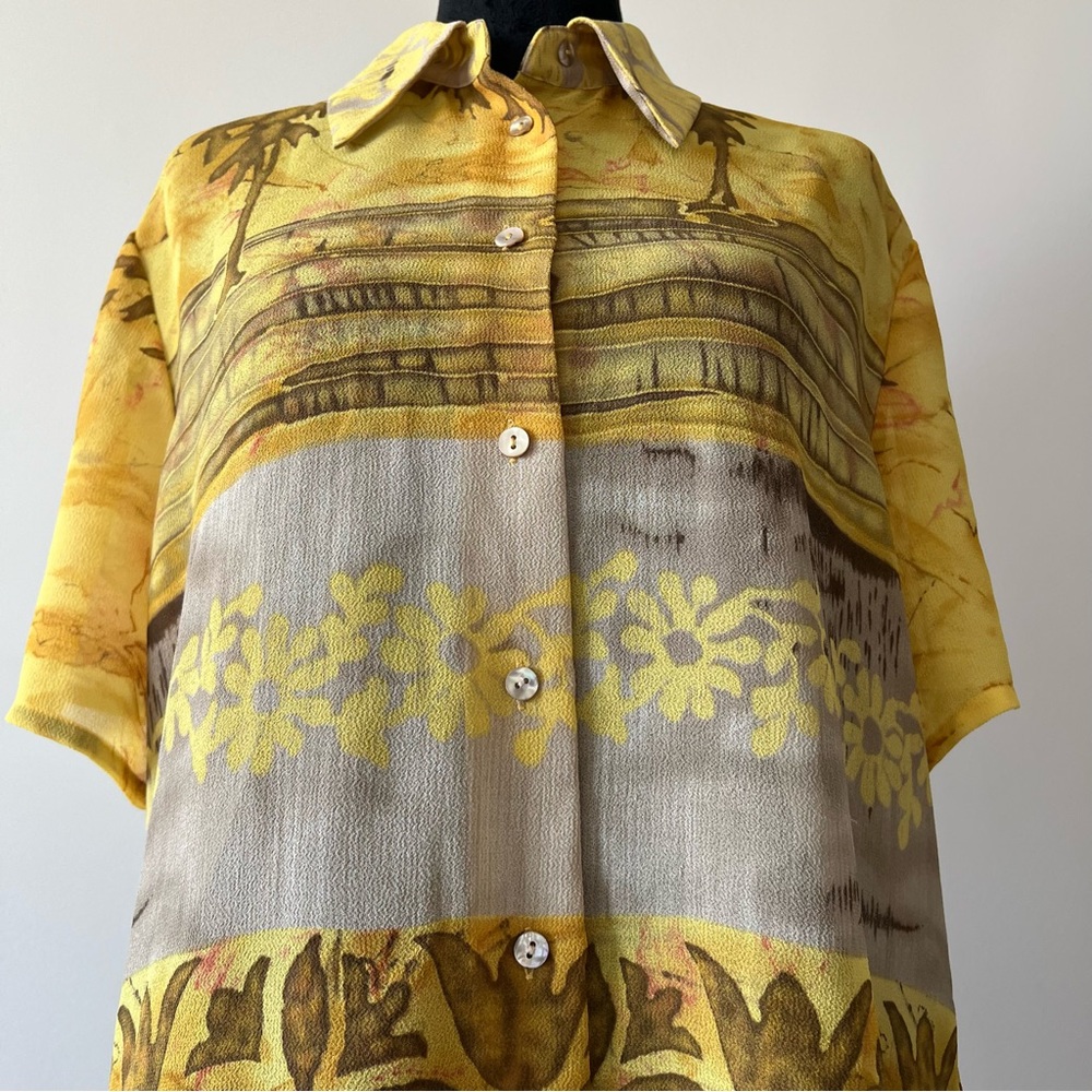 Vintage Hawaiian Yellow Organic Pattern Short Sleeve Button-Up Blouse - Picture 4 of 10